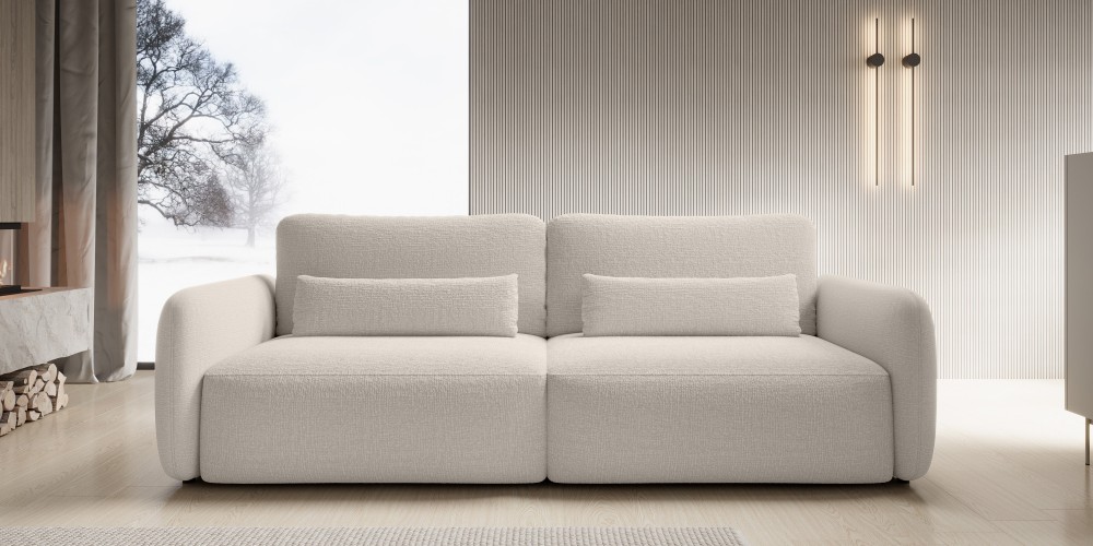 Sofa rozkładana Mossa jasnobeżowa z pojemnikiem, obłe kształty