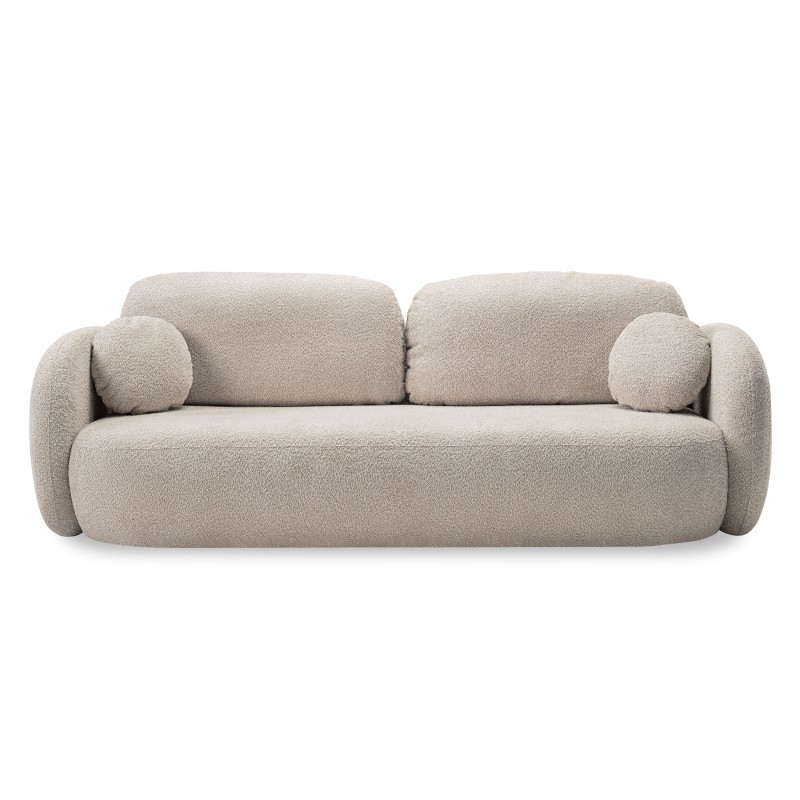 Sofa rozkładana Olio z pojemnikiem, beżowa, boucle, obłe kształty