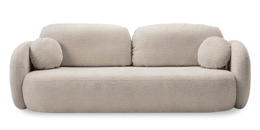 Sofa rozkładana Olio z pojemnikiem, beżowa, boucle, obłe kształty