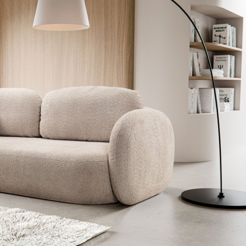 Sofa rozkładana Olio z pojemnikiem, beżowa, boucle, obłe kształty