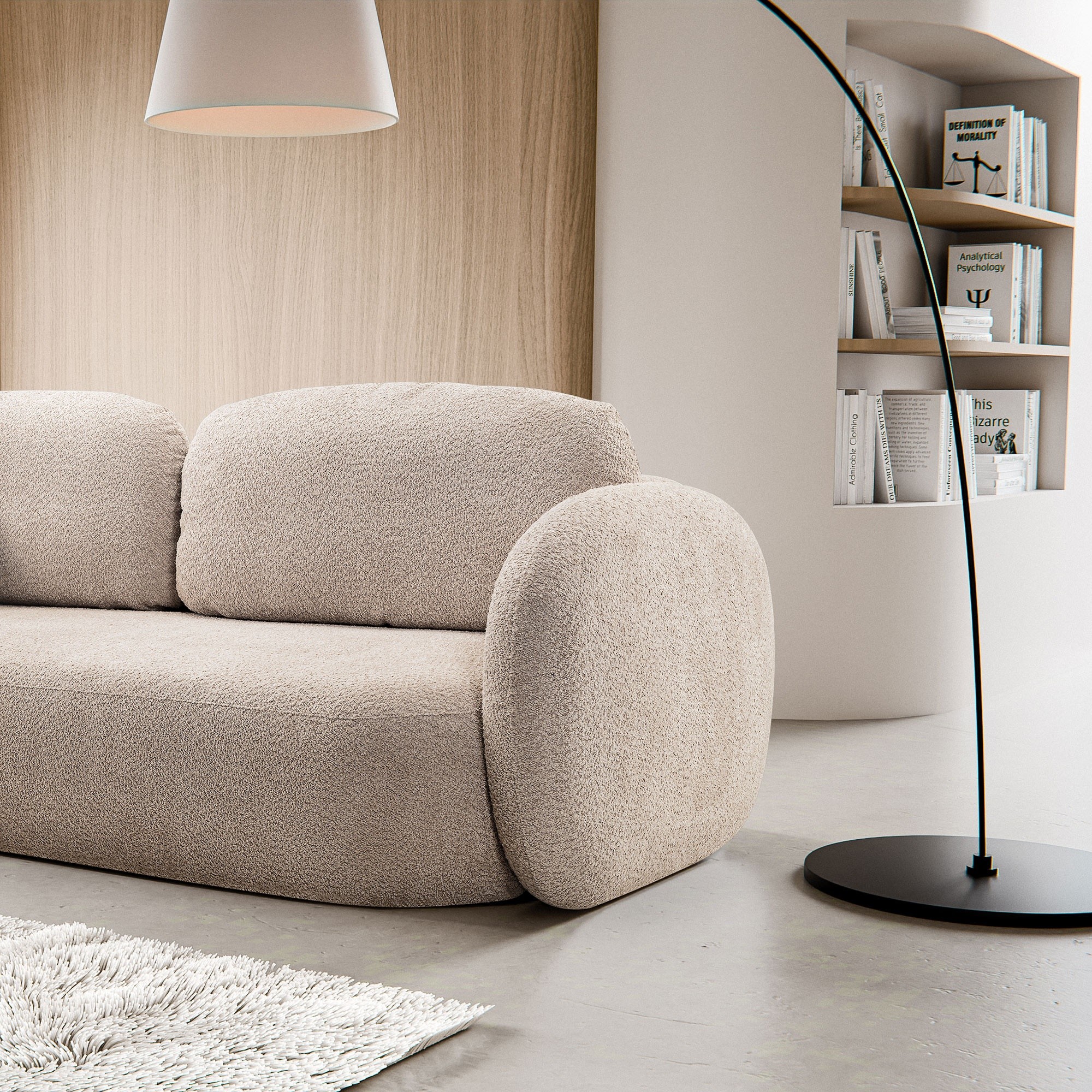 Sofa rozkładana Olio z pojemnikiem, beżowa, boucle, obłe kształty