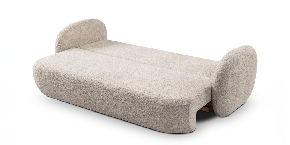 Sofa rozkładana Olio z pojemnikiem, beżowa, boucle, obłe kształty