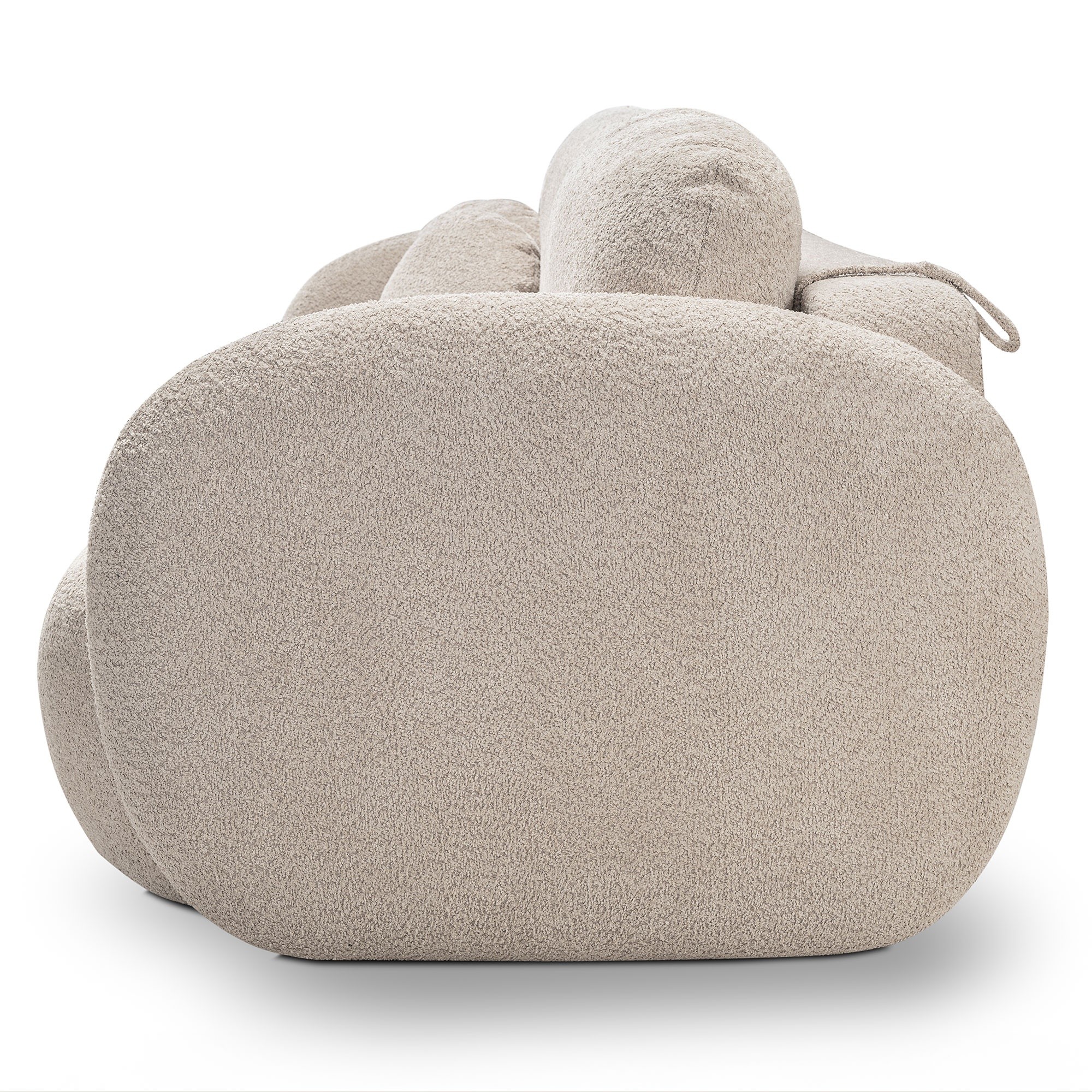 Sofa rozkładana Olio z pojemnikiem, beżowa, boucle, obłe kształty