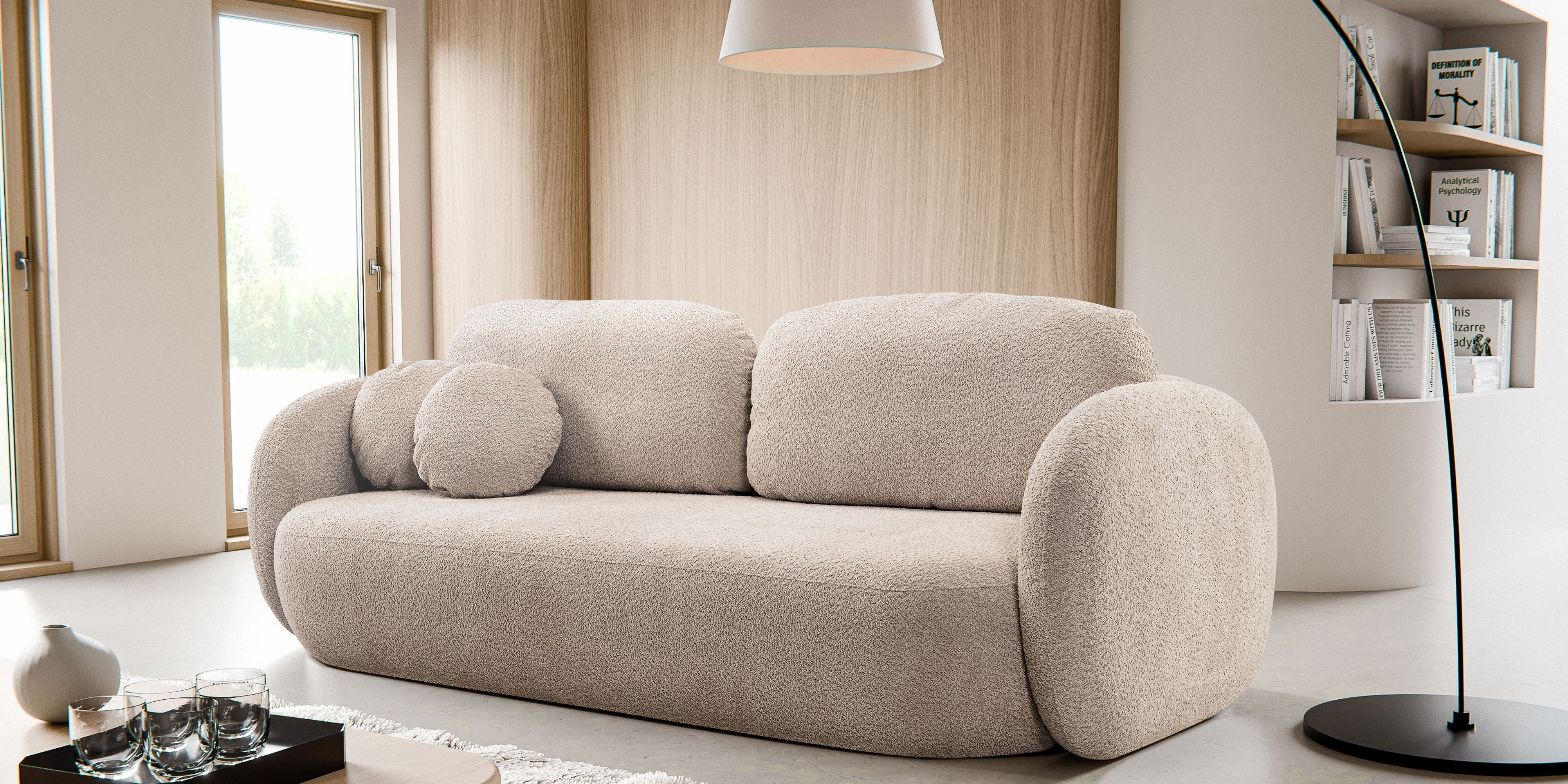 Sofa rozkładana Olio z pojemnikiem, beżowa, boucle, obłe kształty