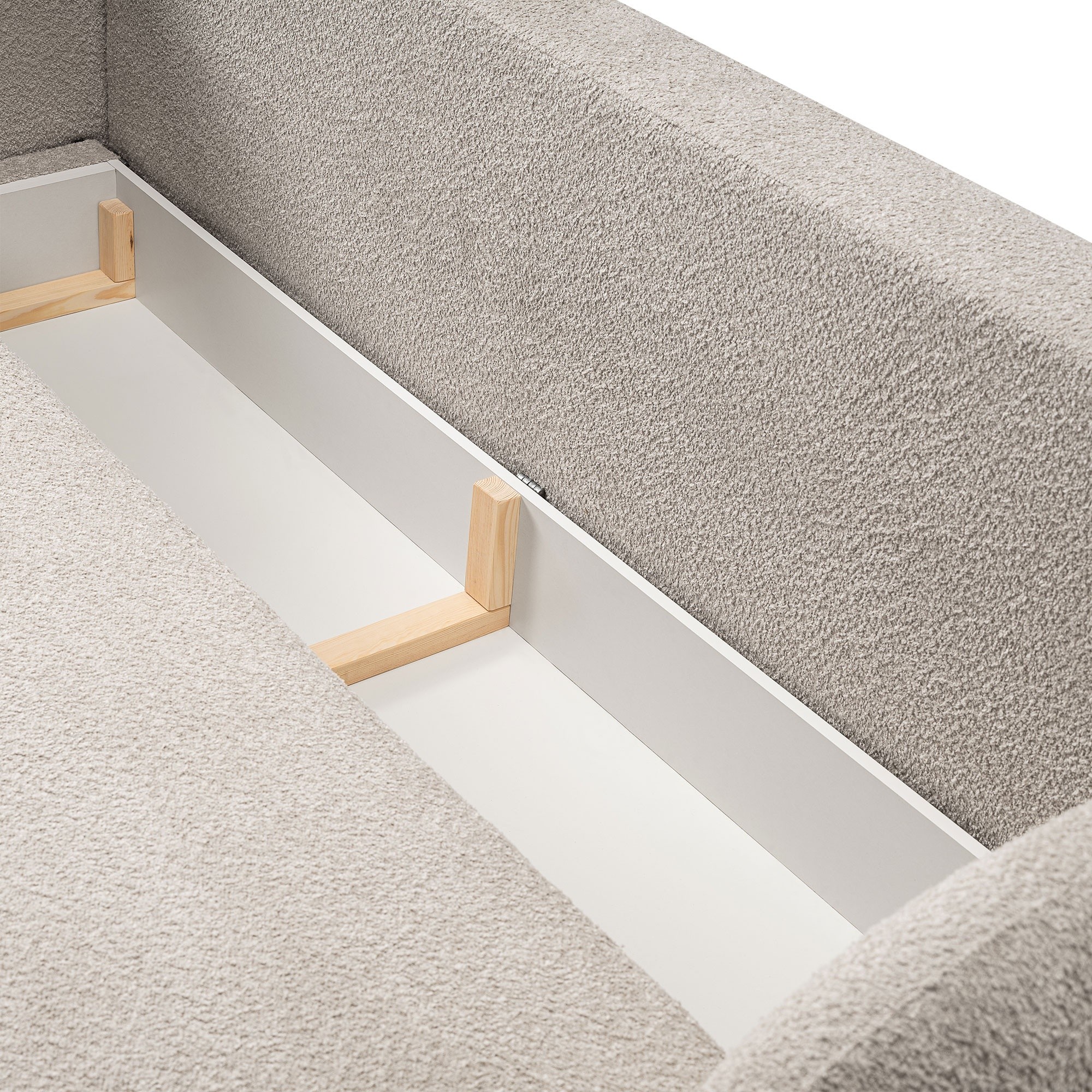 Sofa rozkładana Olio z pojemnikiem, beżowa, boucle, obłe kształty