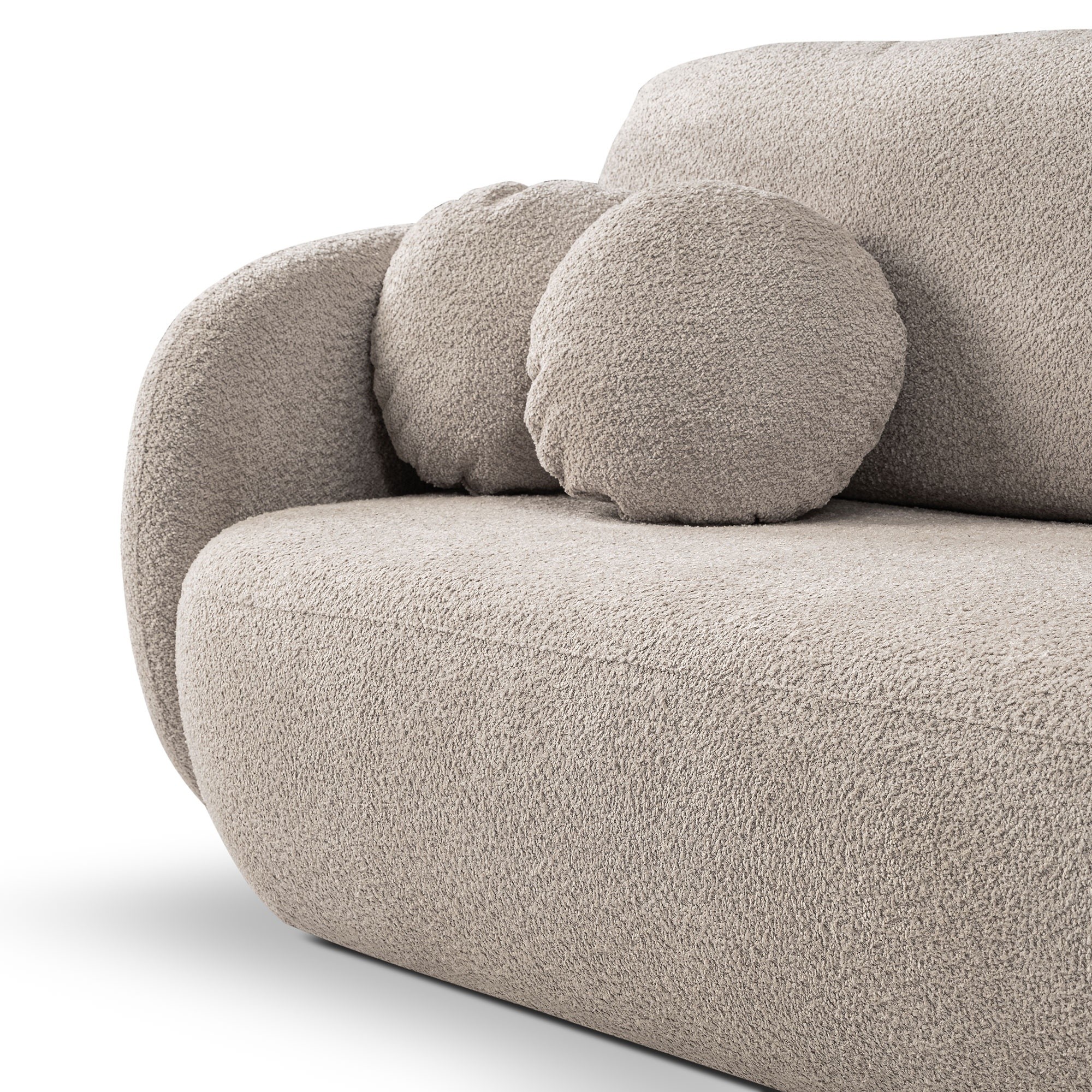 Sofa rozkładana Olio z pojemnikiem, beżowa, boucle, obłe kształty
