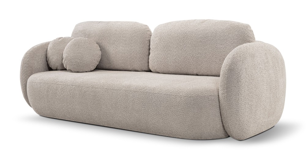 Sofa rozkładana Olio z pojemnikiem, beżowa, boucle, obłe kształty