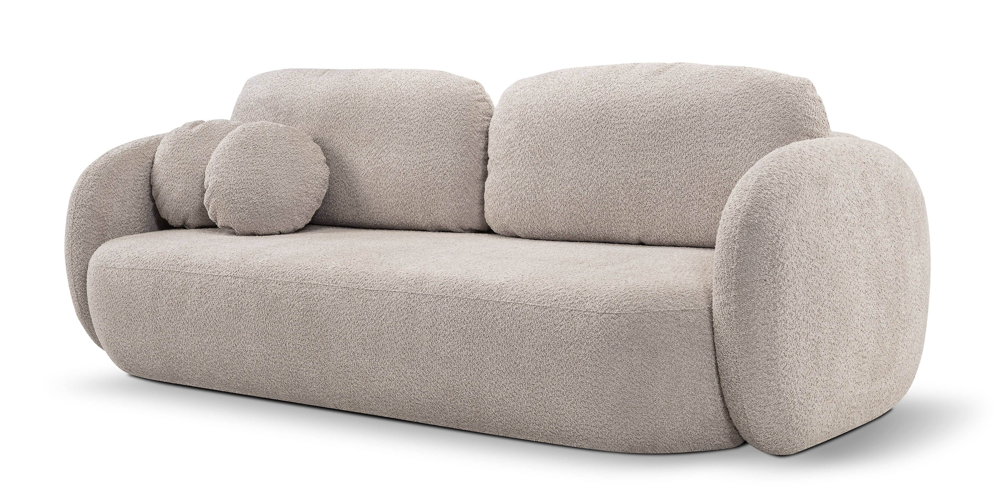 Sofa rozkładana Olio z pojemnikiem, beżowa, boucle, obłe kształty