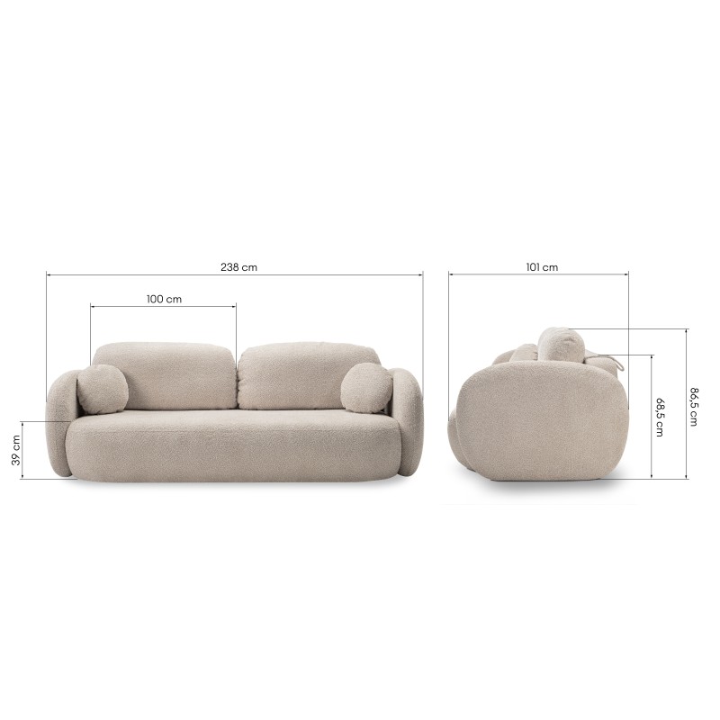 Sofa rozkładana Olio z pojemnikiem, beżowa, boucle, obłe kształty