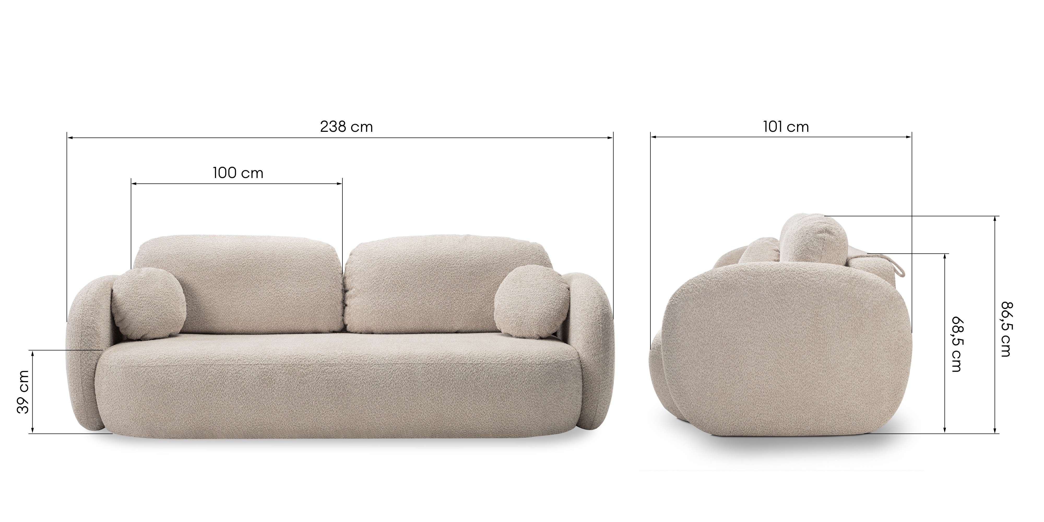 Sofa rozkładana Olio z pojemnikiem, beżowa, boucle, obłe kształty