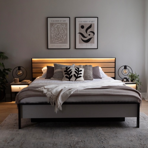 Łóżko ze stelażem i pojemnikiem Gris 160x200 cm, oświetlenie LED, szare/czarne, dąb natura