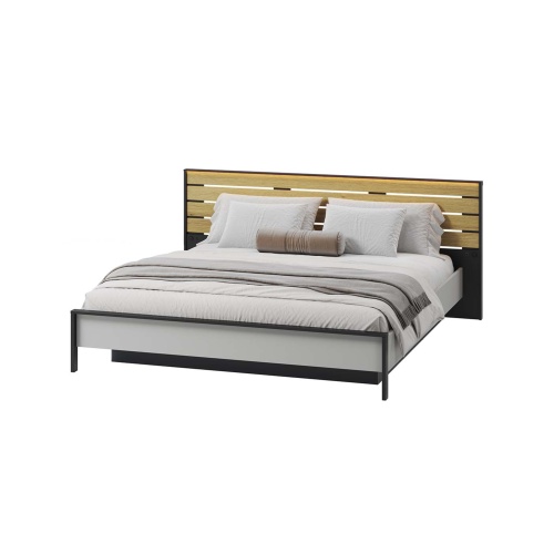 Łóżko ze stelażem i pojemnikiem Gris 180x200 cm, oświetlenie LED, szare/czarne, dąb natura