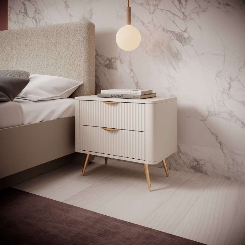 Szafka nocna z szufladami Lante beżowa/złote nóżki, ryflowana, zaokrąglona