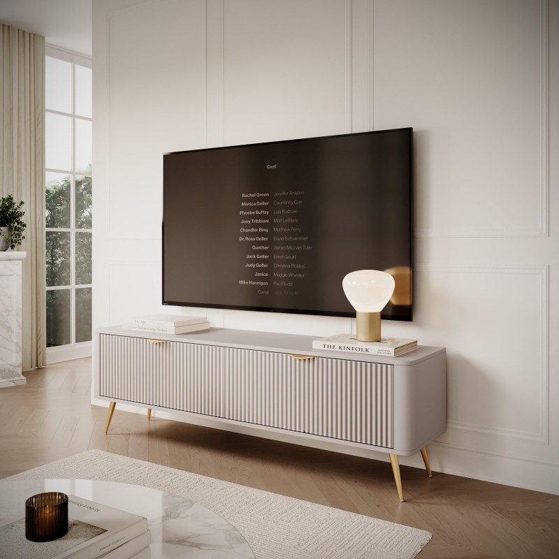Szafka RTV Lante 163 cm, beżowa/złote nóżki, ryflowana, zaokrąglona