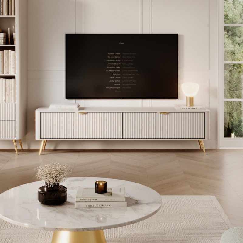 Szafka RTV Lante 200 cm, beżowa/złote nóżki, ryflowana, zaokrąglona