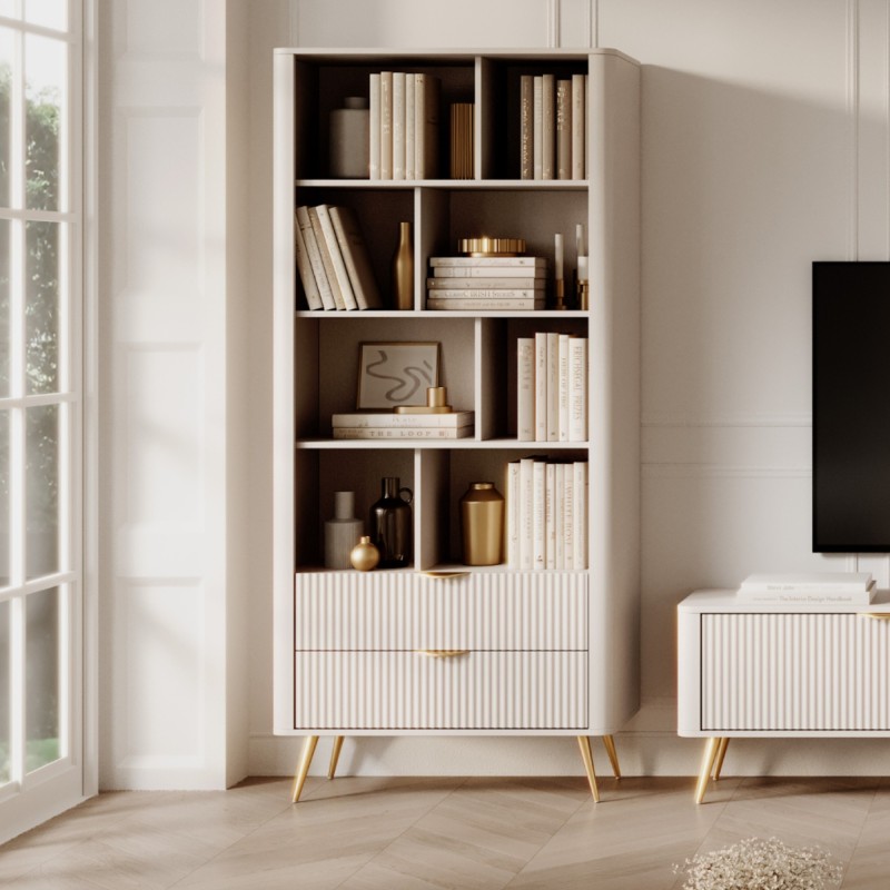 Regał z szufladami Lante beżowy/złote nóżki, ryflowany, zaokrąglony