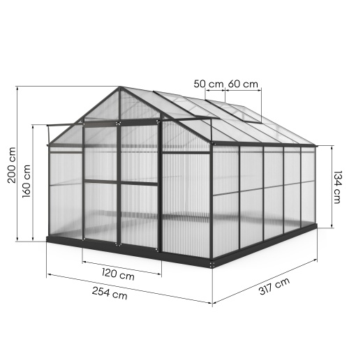 Szklarnia aluminiowa Growee z fundamentem 254x317 cm, pięciosekcyjna, 9,7m2 poliwęglanowa, czarna