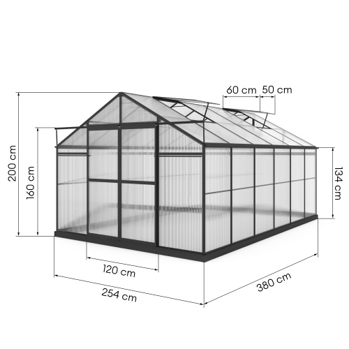Szklarnia aluminiowa Growee z fundamentem 254x380 cm, sześciosekcyjna, poliwęglanowa, czarna