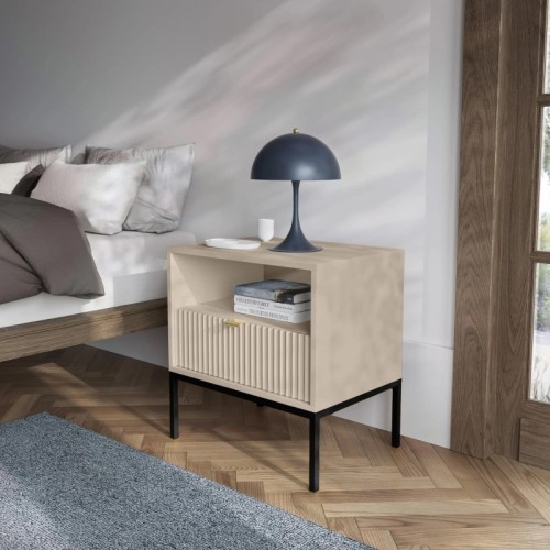 Szafka nocna Nova Beige, beż piaskowy/czarne nogi, ryflowana