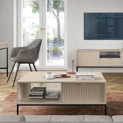Stolik kawowy Nova Beige, beż piaskowy/czarne nogi, ryflowany
