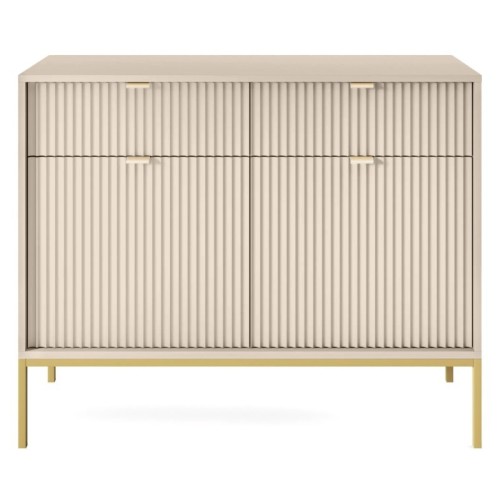 Komoda dwudrzwiowa z szufladami Nova Beige, beż piaskowy/złote nogi, ryflowana