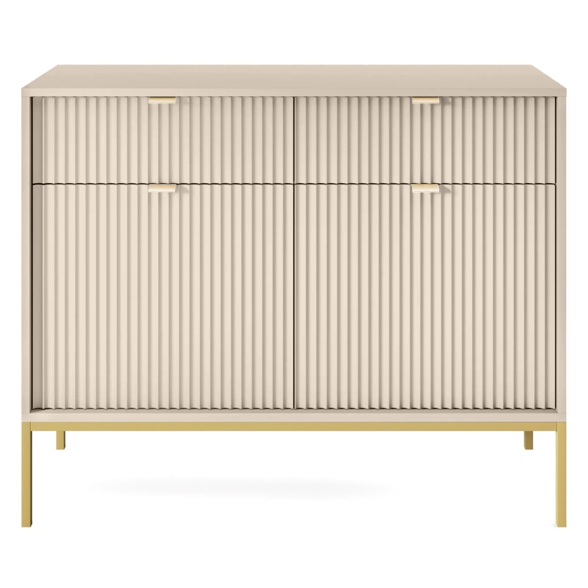 Komoda dwudrzwiowa z szufladami Nova Beige, beż piaskowy/złote nogi, ryflowana