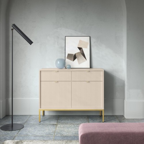 Komoda dwudrzwiowa z szufladami Nova Beige, beż piaskowy/złote nogi, ryflowana