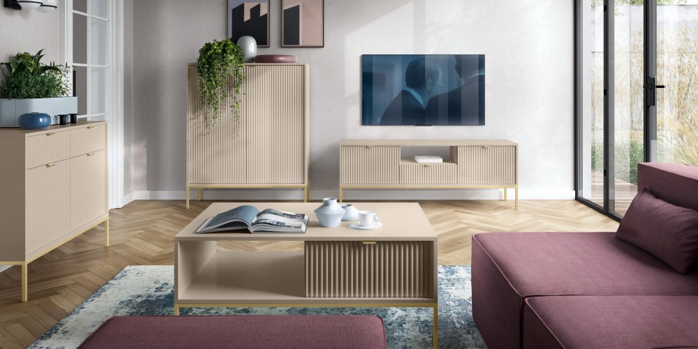 Komoda dwudrzwiowa z szufladami Nova Beige, beż piaskowy/złote nogi, ryflowana