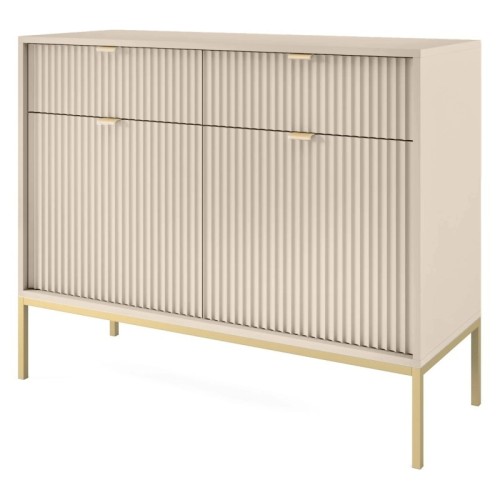 Komoda dwudrzwiowa z szufladami Nova Beige, beż piaskowy/złote nogi, ryflowana