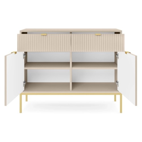 Komoda dwudrzwiowa z szufladami Nova Beige, beż piaskowy/złote nogi, ryflowana