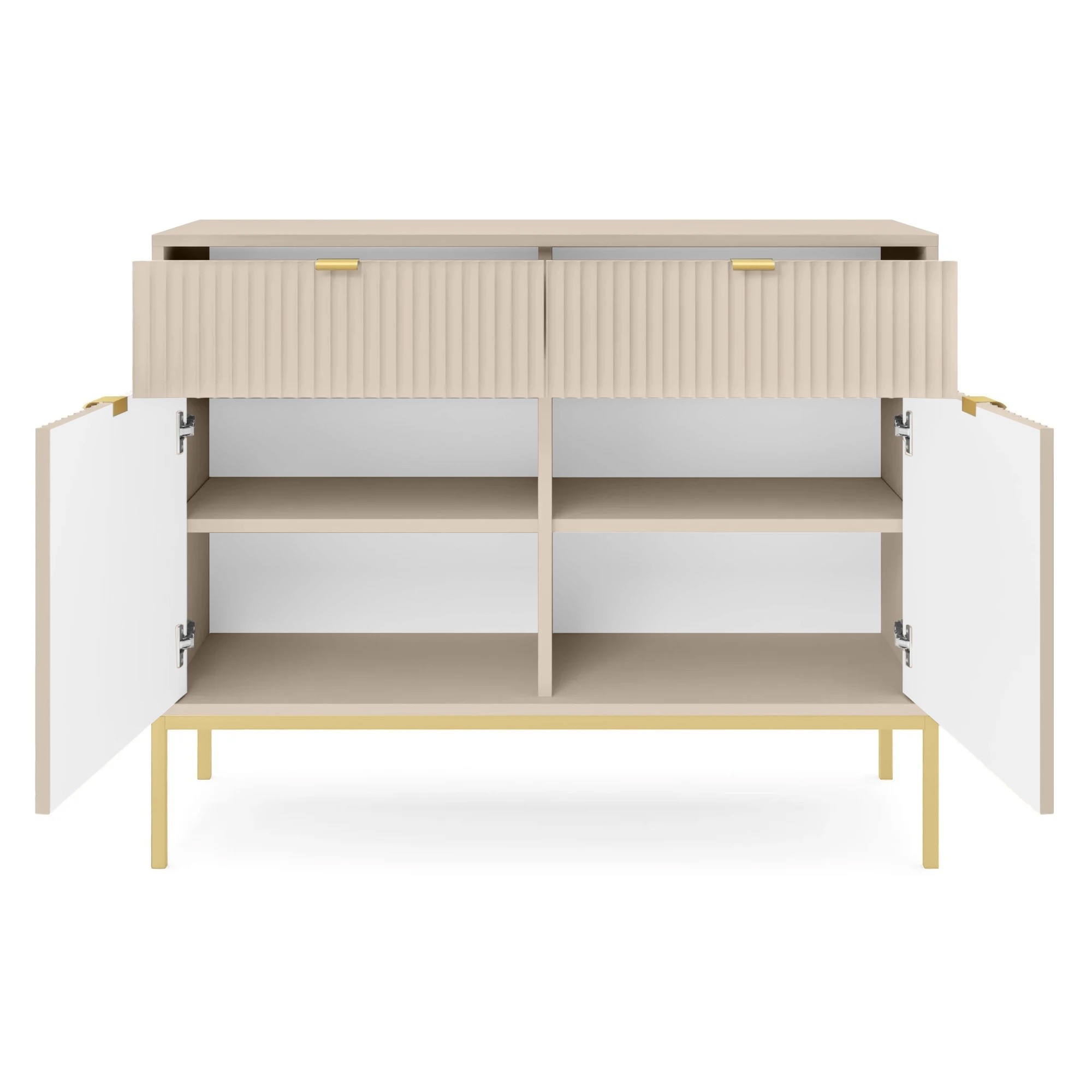 Komoda dwudrzwiowa z szufladami Nova Beige, beż piaskowy/złote nogi, ryflowana