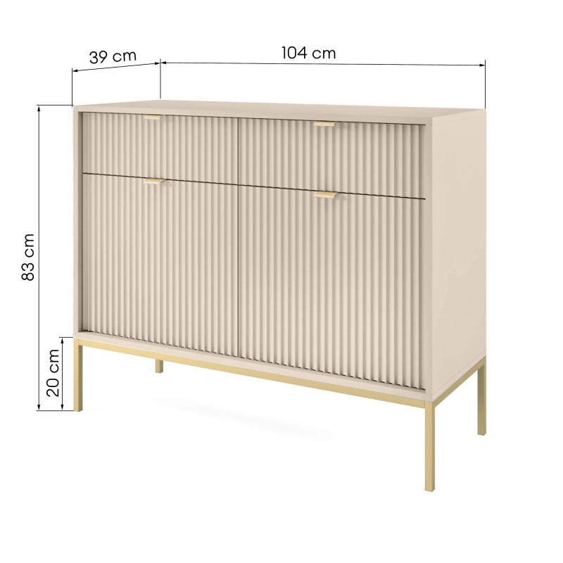 Komoda dwudrzwiowa z szufladami Nova Beige, beż piaskowy/złote nogi, ryflowana