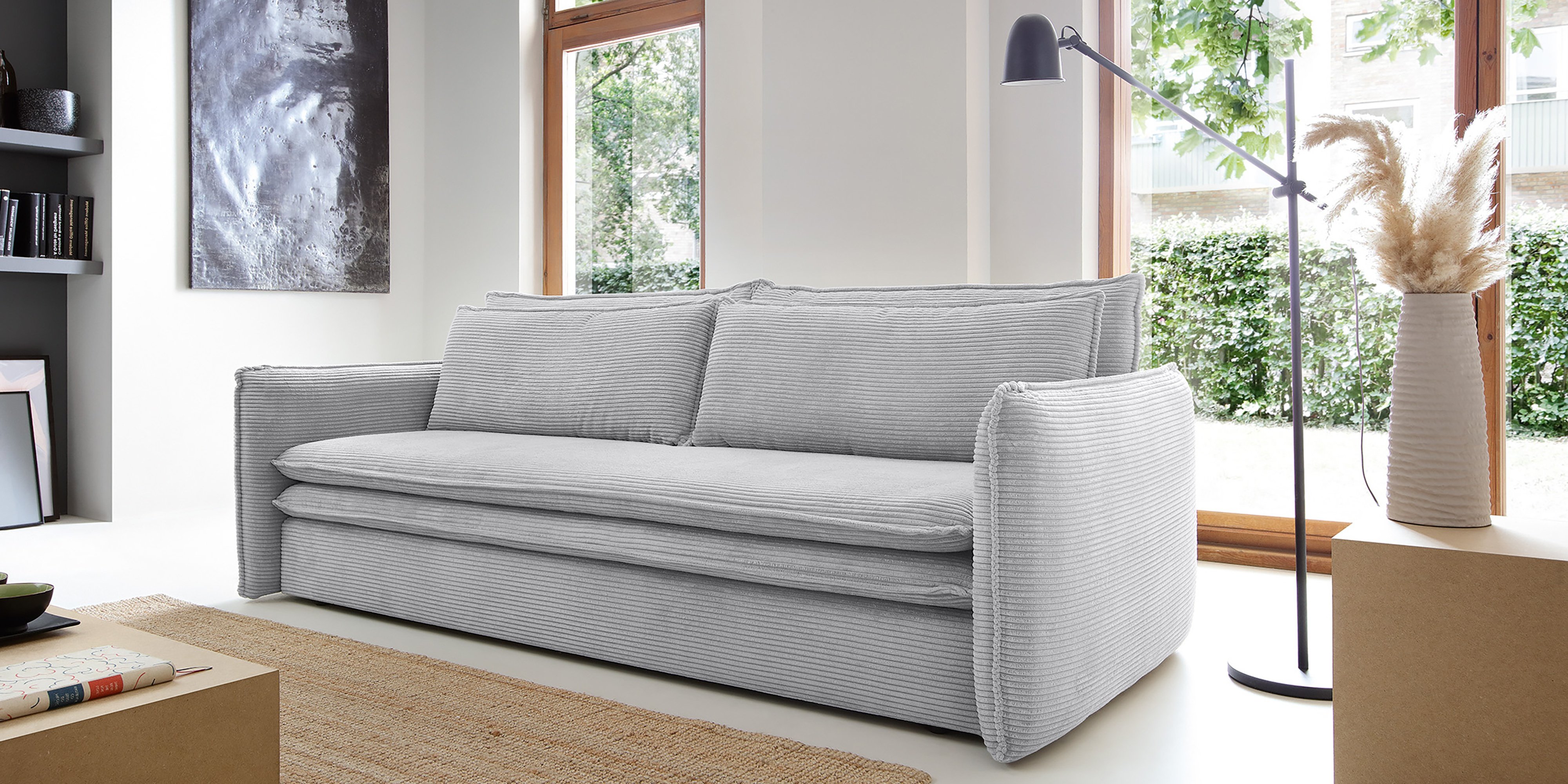 Sofa z funkcją spania i pojemnikiem Flow Slim, szara, sztruks