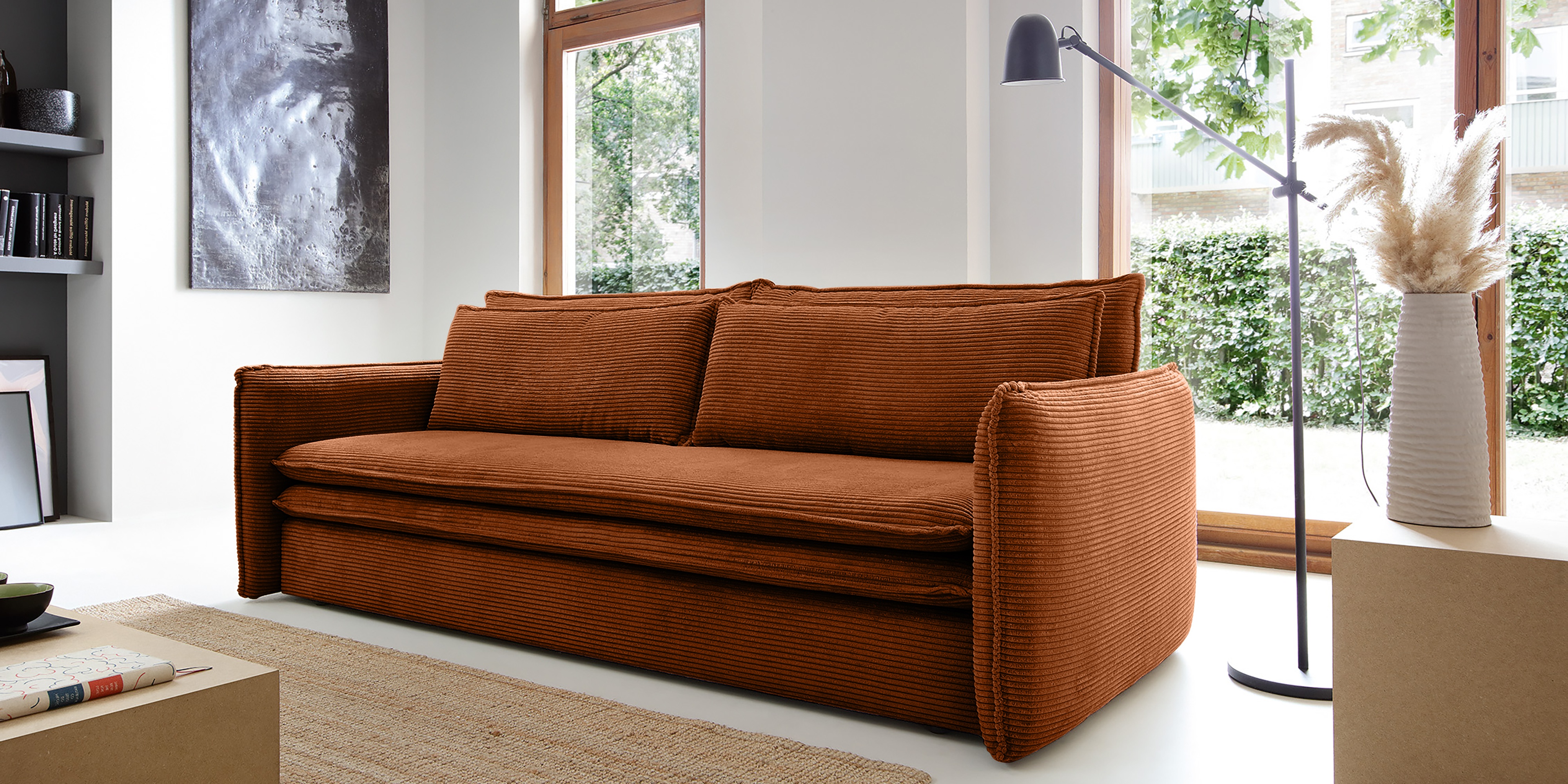 Sofa z funkcją spania i pojemnikiem Flow Slim, miedziana, sztruks