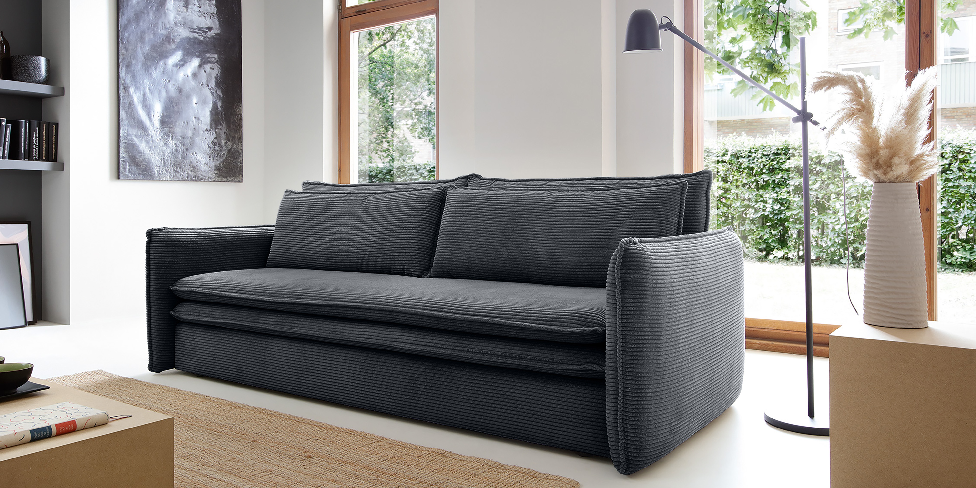 Sofa z funkcją spania i pojemnikiem Flow Slim, ciemnoszara, sztruks