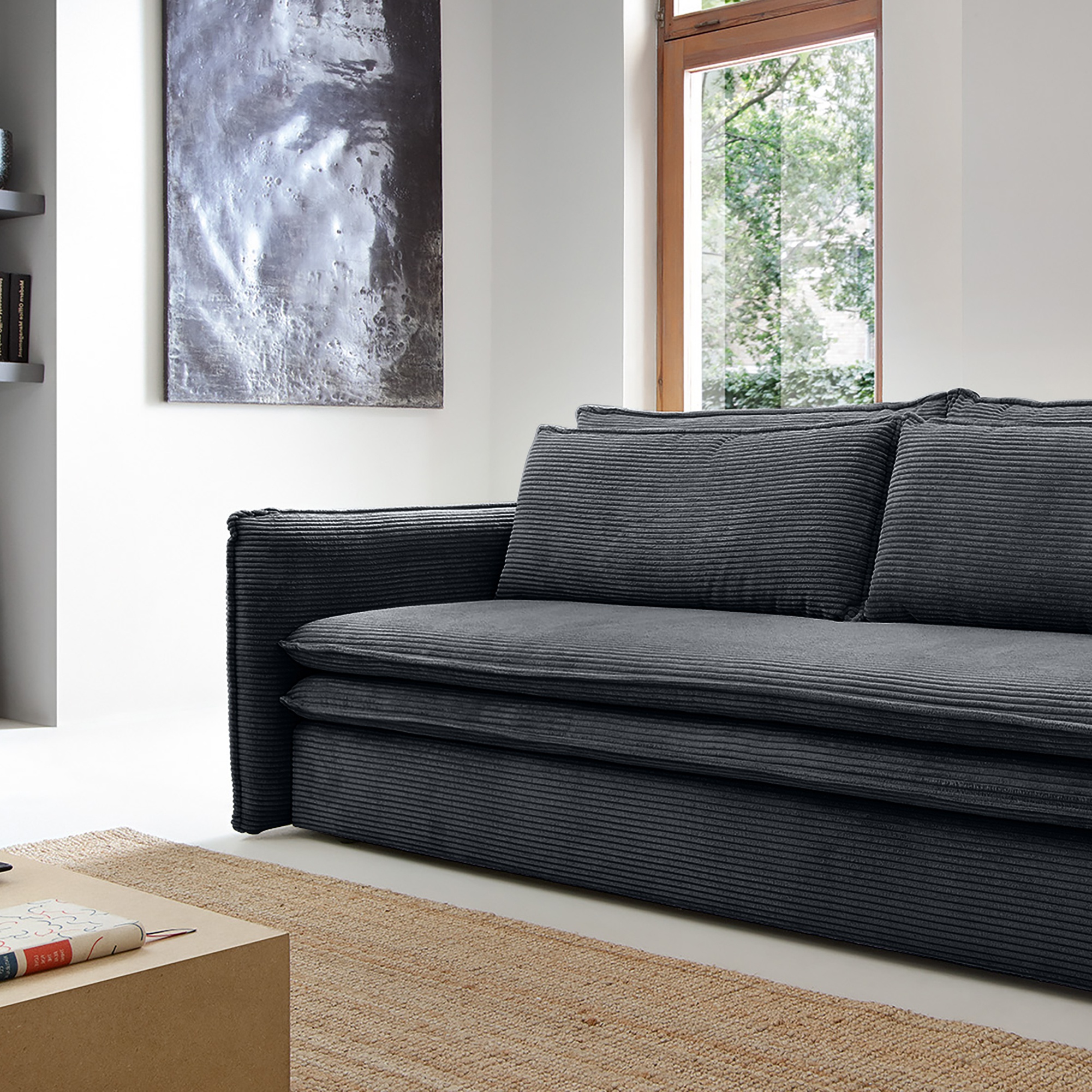 Sofa z funkcją spania i pojemnikiem Flow Slim, ciemnoszara, sztruks