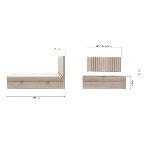 Łóżko kontynentalne Torello z 2 pojemnikami, 140/160/180x200 cm, welur