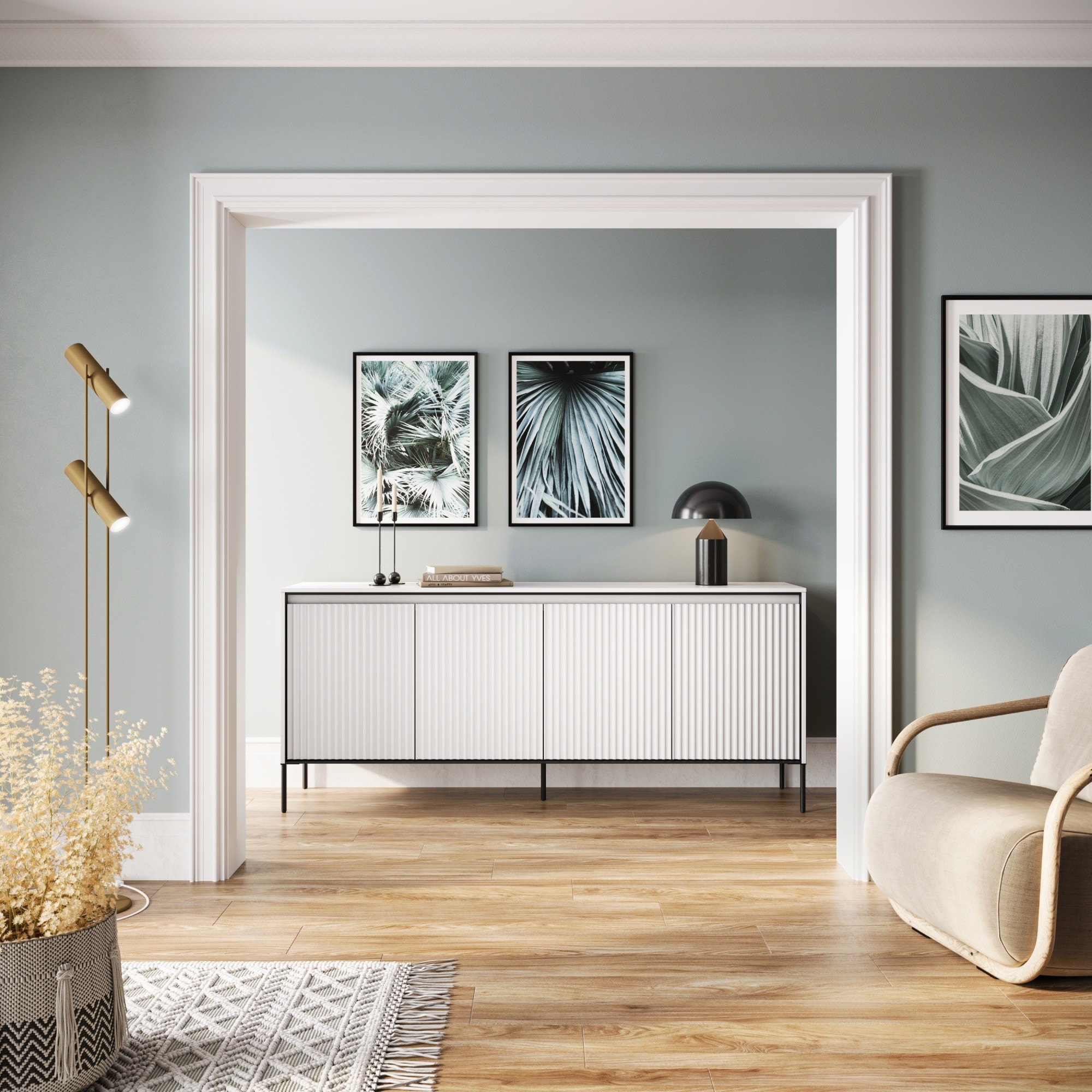 Komoda czterodrzwiowa Trend, 193 cm, oświetlenie LED, biała/czarna, ryflowany front