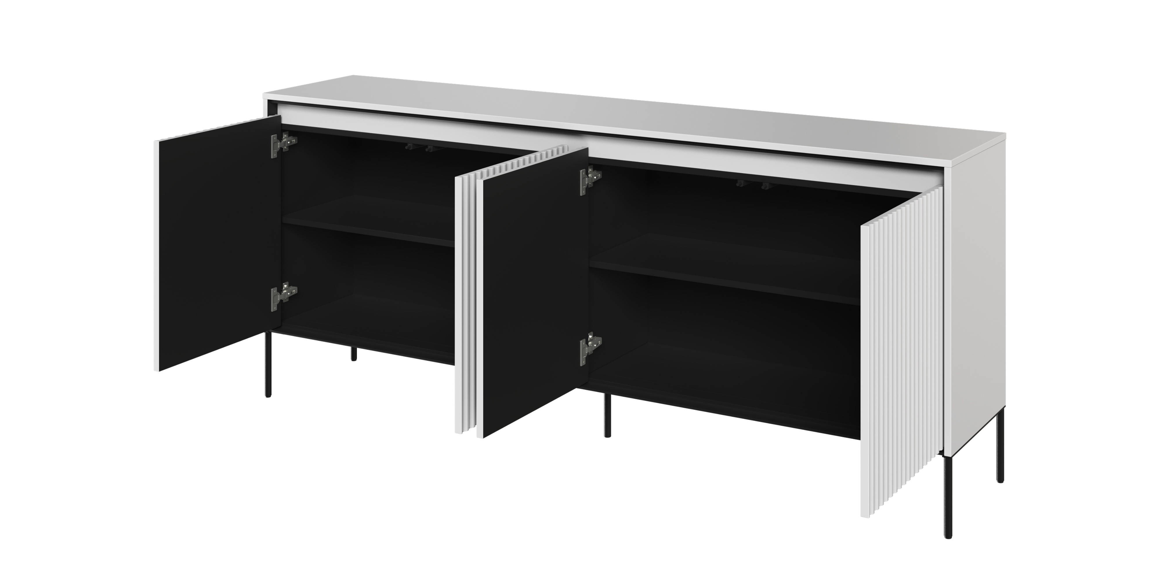 Komoda czterodrzwiowa Trend, 193 cm, oświetlenie LED, biała/czarna, ryflowany front