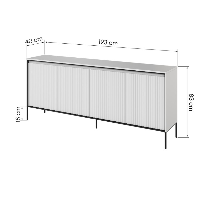 Komoda czterodrzwiowa Trend, 193 cm, oświetlenie LED, biała/czarna, ryflowany front