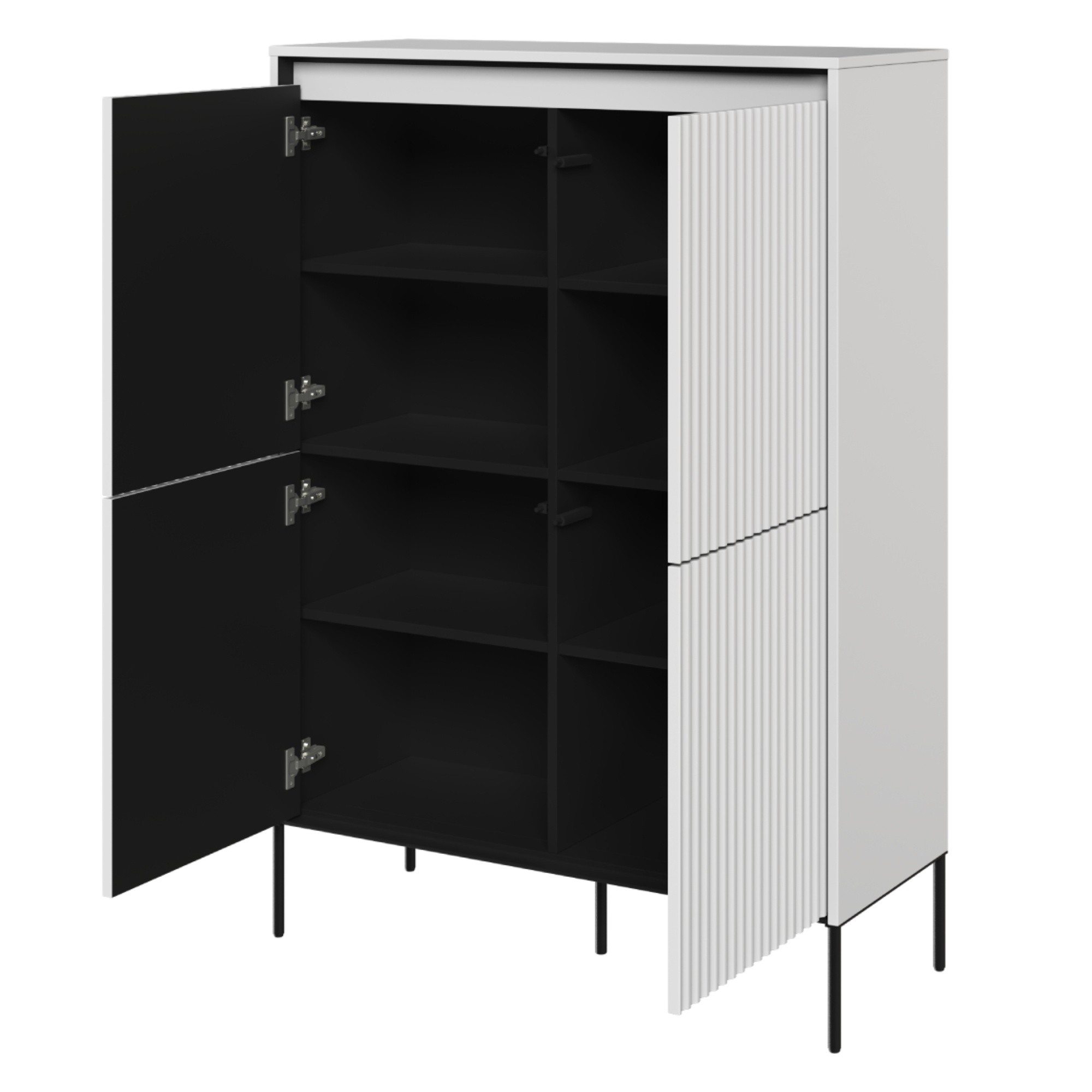 Komoda czterodrzwiowa Trend, 98 cm, oświetlenie LED, biała/czarna, ryflowany front