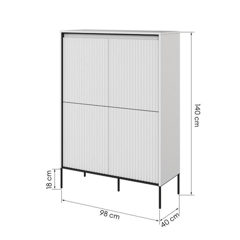 Komoda czterodrzwiowa Trend, 98 cm, oświetlenie LED, biała/czarna, ryflowany front