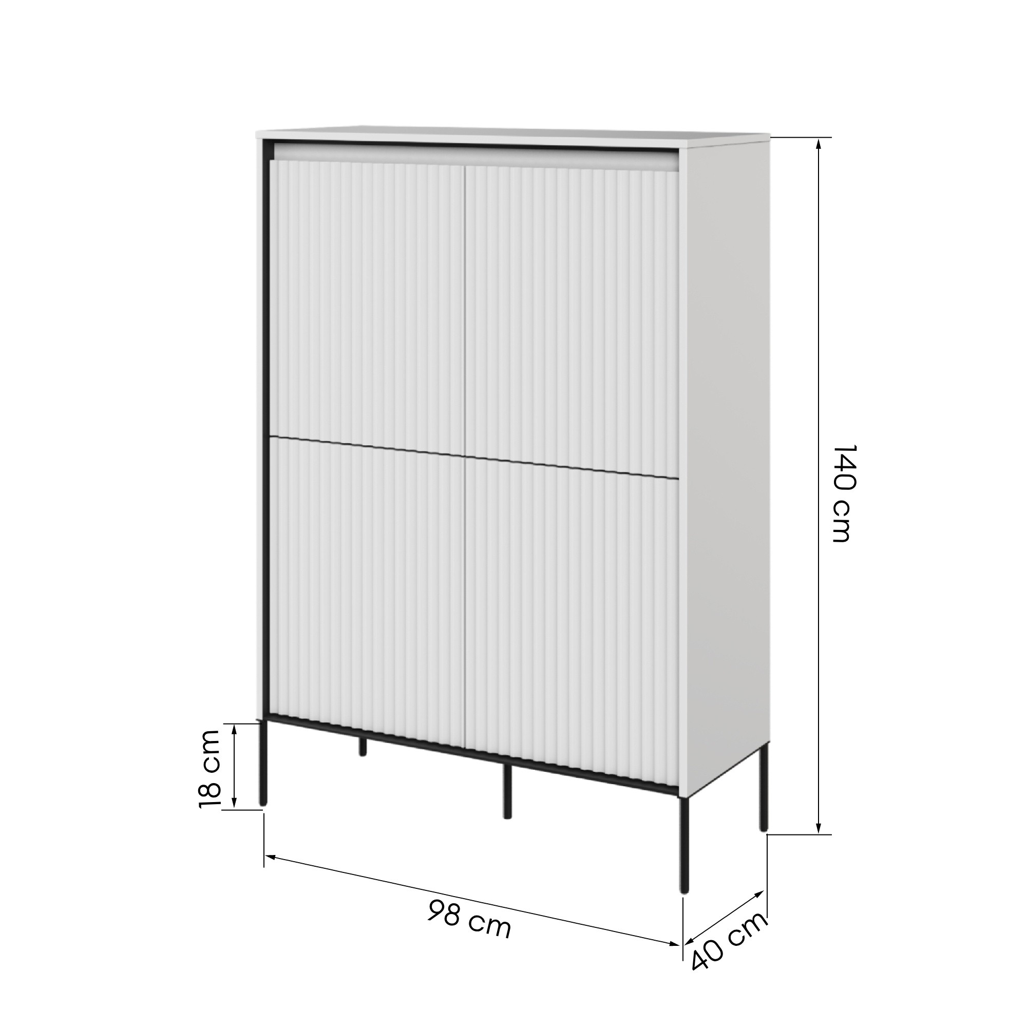 Komoda czterodrzwiowa Trend, 98 cm, oświetlenie LED, biała/czarna, ryflowany front