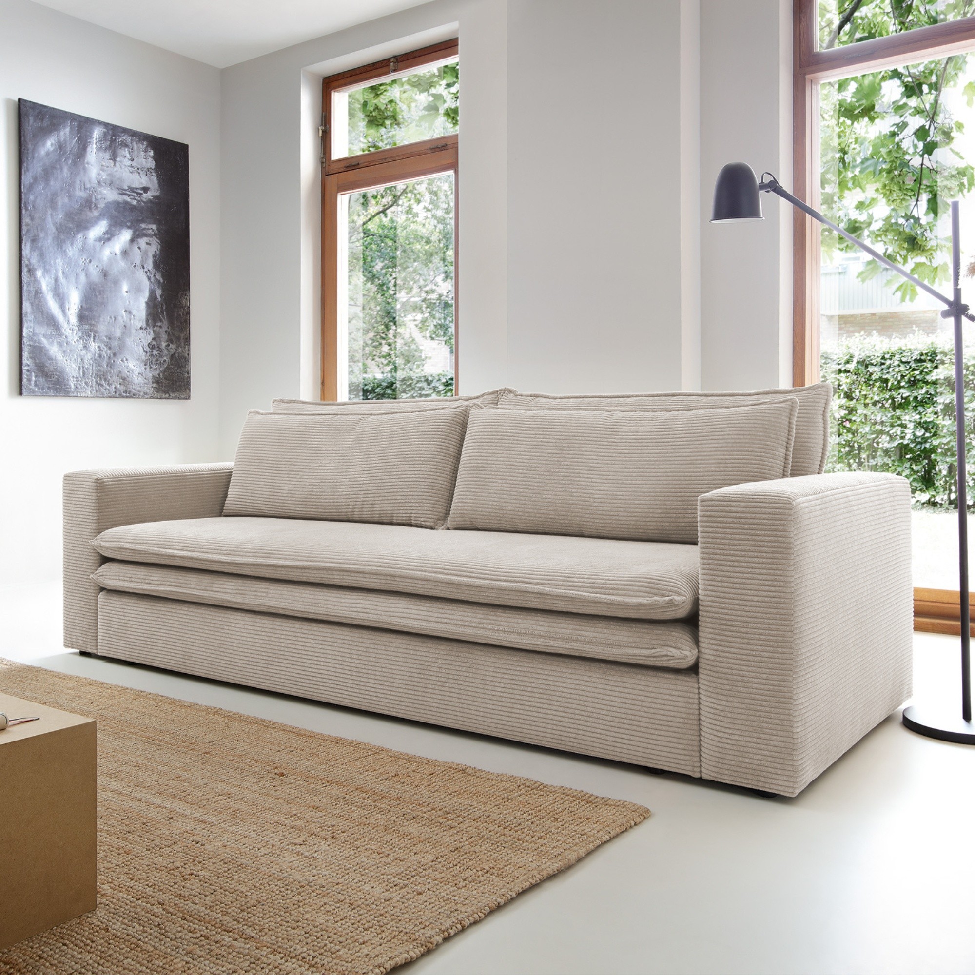 Sofa z funkcją spania i pojemnikiem Tilia, jasnobeżowa, sztruks