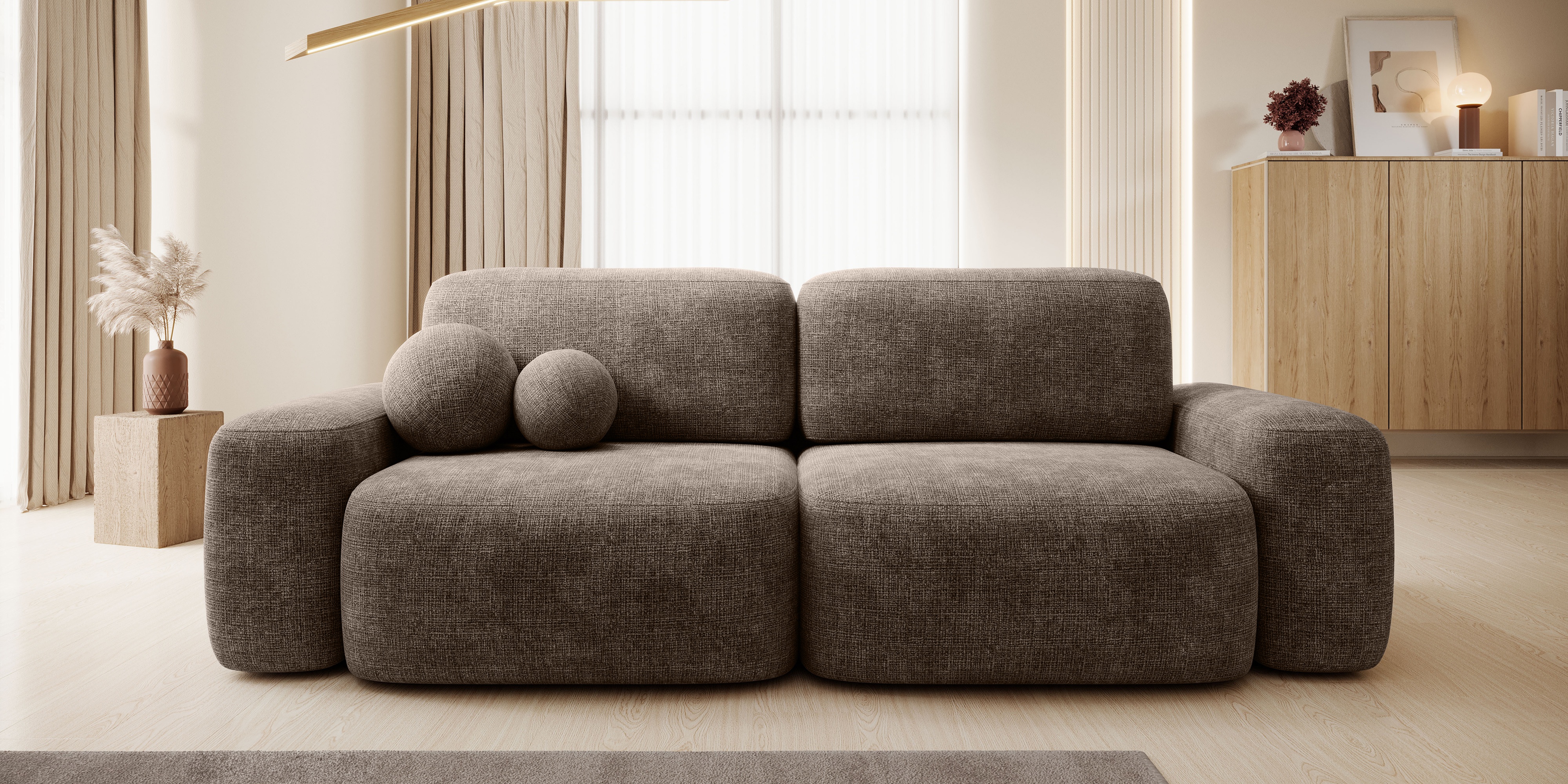 Sofa rozkładana Bold brązowa, obłe kształty