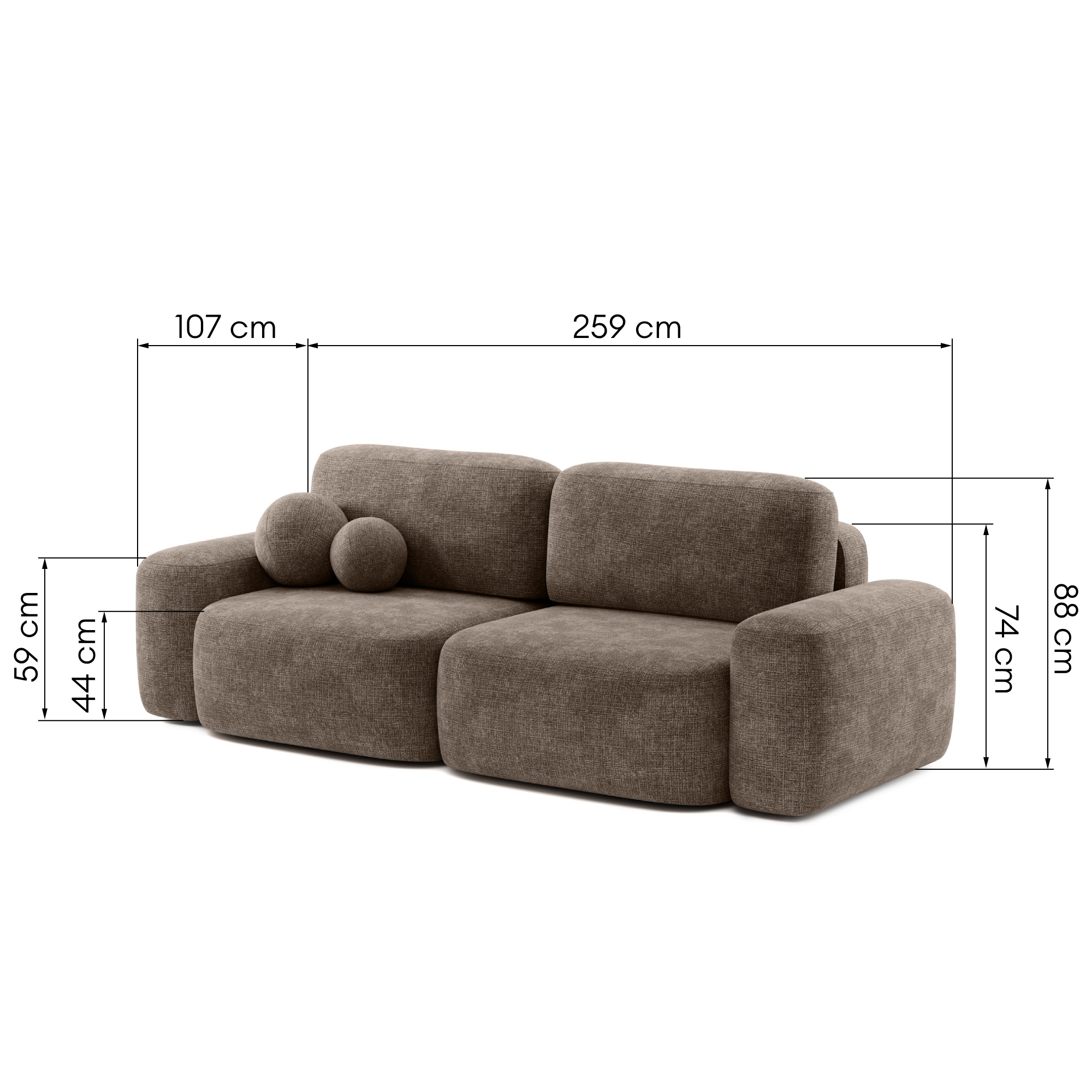 Sofa rozkładana Bold brązowa, obłe kształty