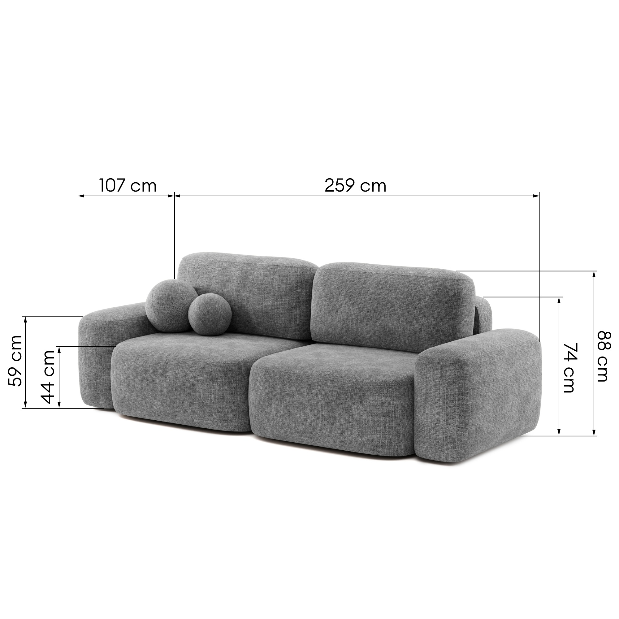 Sofa rozkładana Bold szara, obłe kształty