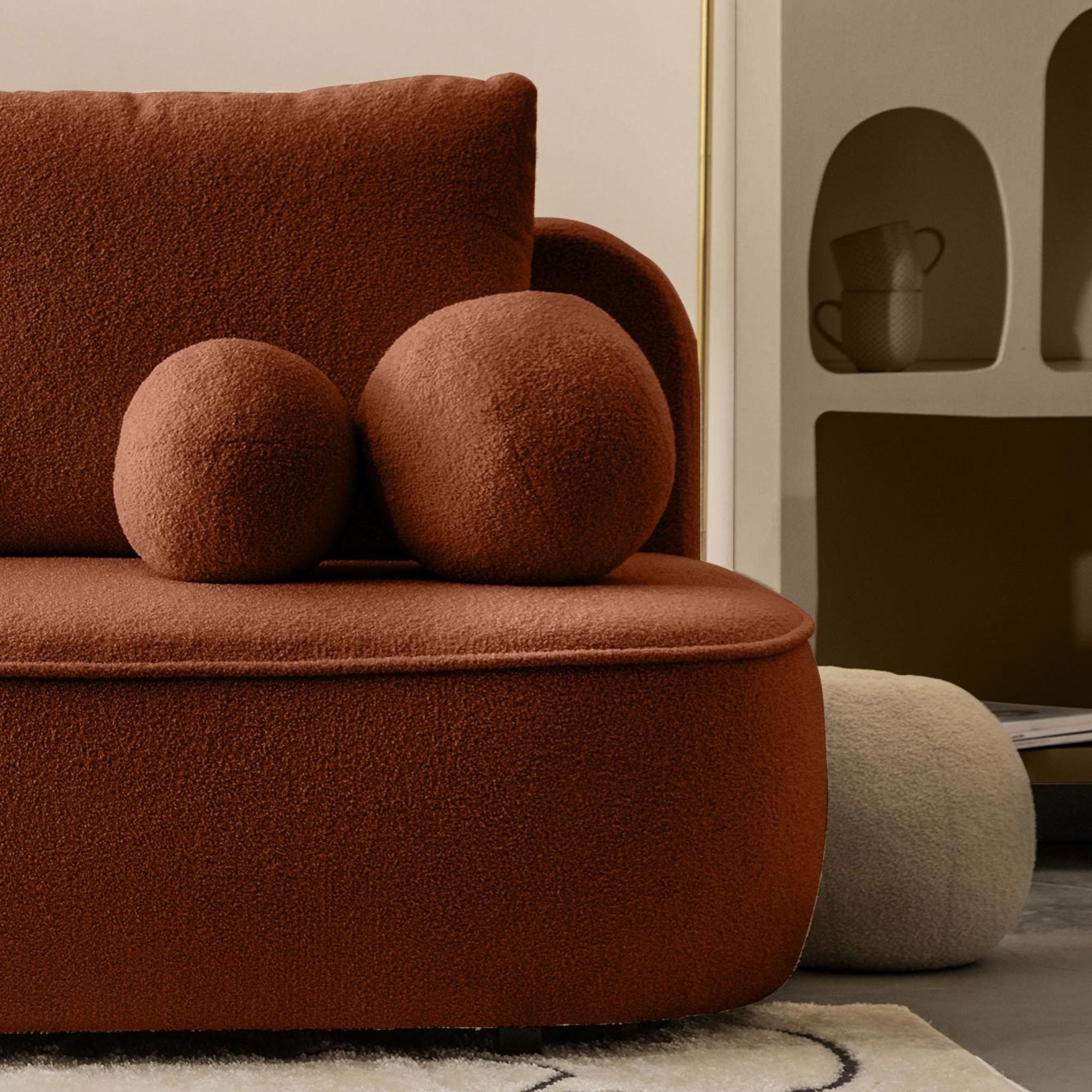 Sofa z funkcją spania i pojemnikiem Bella miedziana, boucle