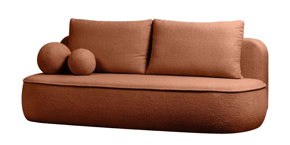 Sofa z funkcją spania i pojemnikiem Bella miedziana, boucle