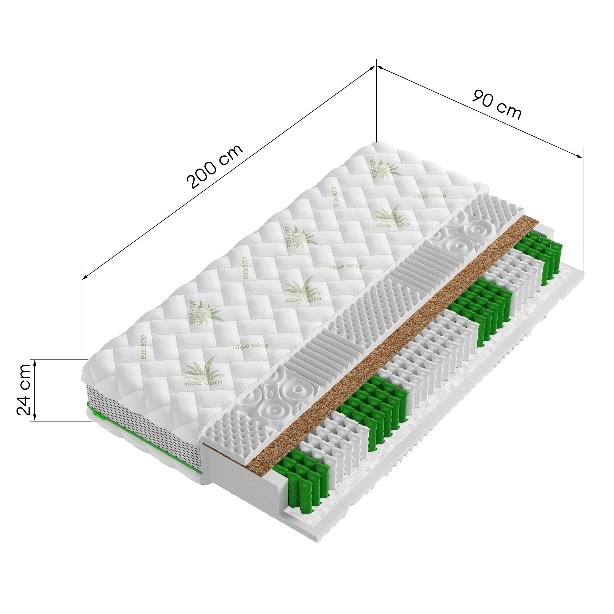 Materac kieszeniowy 7-stref Salsa 24, 90x200 cm, dwustronny, H4/H3, mata kokosowa